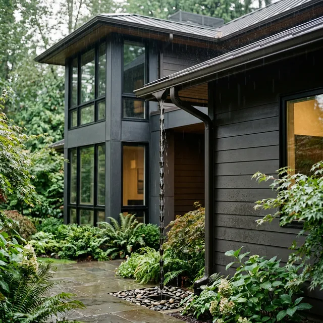 New black seamless gutters installed on a modern Georgia home by Gutter General